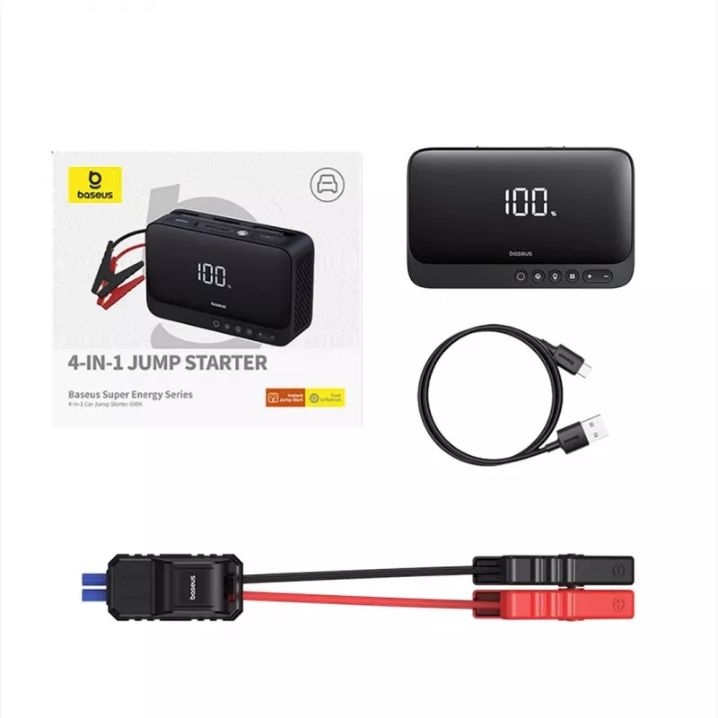 Nešiojamas įkroviklis Baseus Super Energy 6000 mAh – užvedimo starteris, LiPo 6000 mAh, 300 A paleidimo srovė, 150 PSI, įmontuotas ekranas ir žibintuvėlis, USB-C + USB-A, juodas