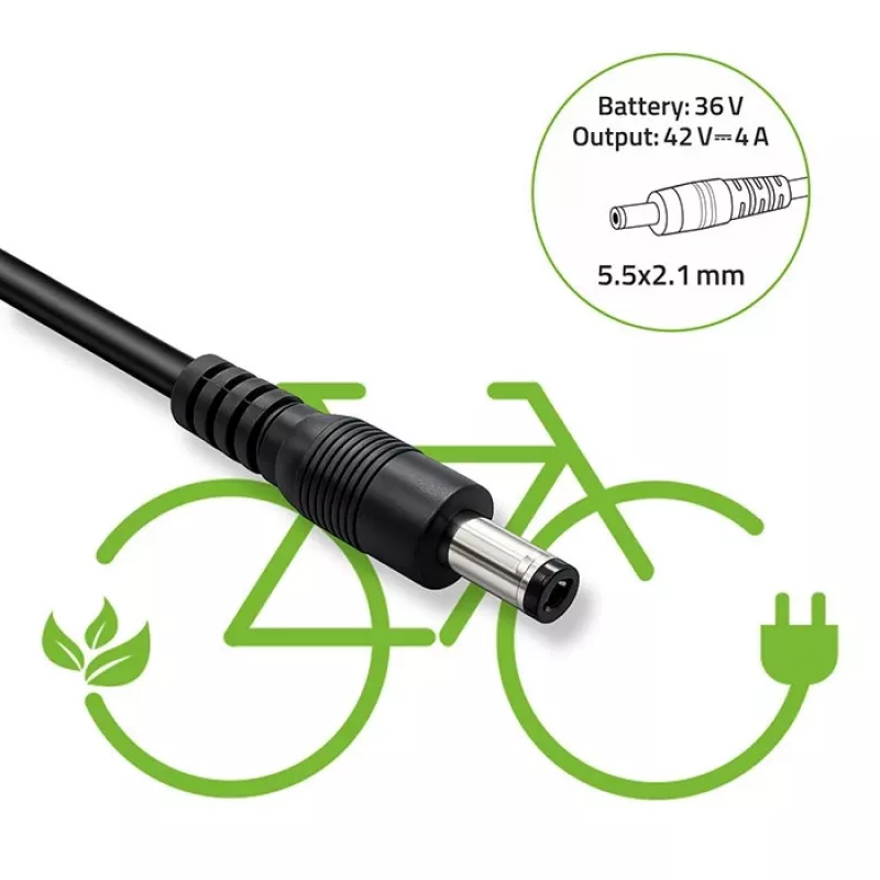 Įkroviklis QOLTEC 36V–42V 4A elektriniam dviračiui, nuolatinės srovės kištukas 5,5×2,1 mm