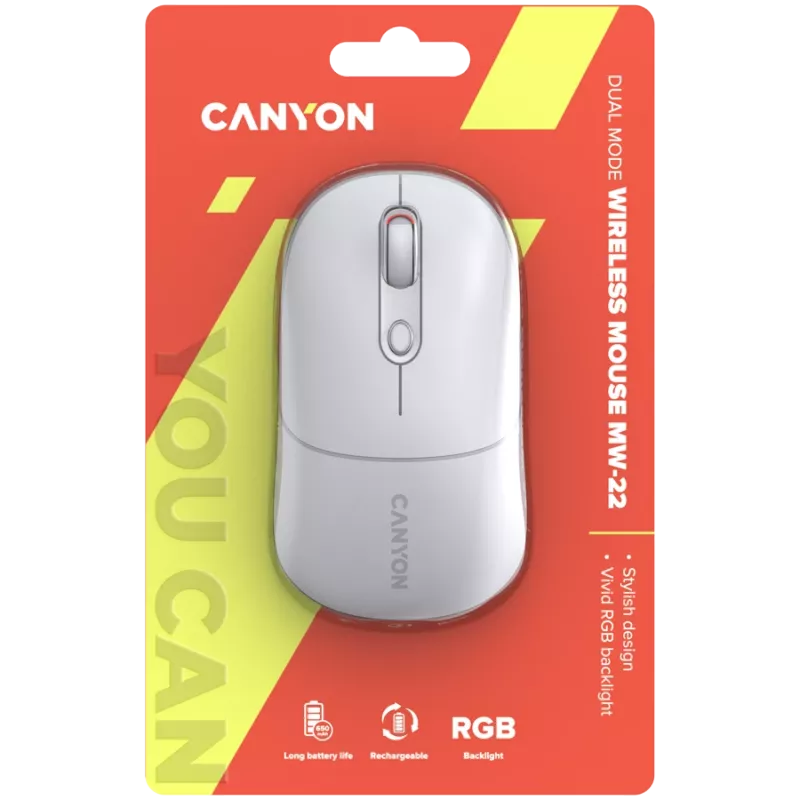 Canyon MW-22 CNS-CMSW22SW Pelė – 2 viename Bluetooth/2,4 GHz – optinė – 800/1200/1600 DPI – 4 mygtukai – RGB apšvietimas – įkraunama – Sniego Baltumo