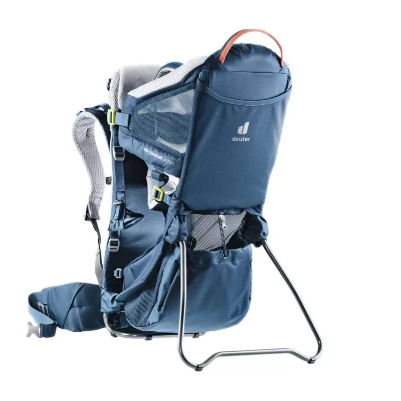 Kūdikio nešimo kuprinė DEUTER Kid Comfort Active – mėlyna, poliamidas, iki 22 kg, saulės stogelis, kojų atrama, VariQuick, Lite Air