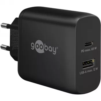 USB-C dvigubas greitas įkroviklis, PD, GaN, 65 W (juodas, 1x USB-C, 1x USB-A, Power Delivery)