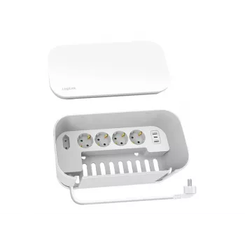 LogiLink LPS281U ilgintuvas su 4 saugiais lizdais, 2 USB-A ir 1 USB-C, baltas
