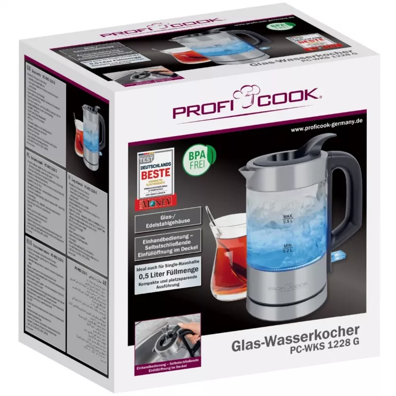 ProfiCook PC-WKS 1228 G elektrinis virdulys 0,5 L 1100 W Nerūdijantis plienas, permatomas