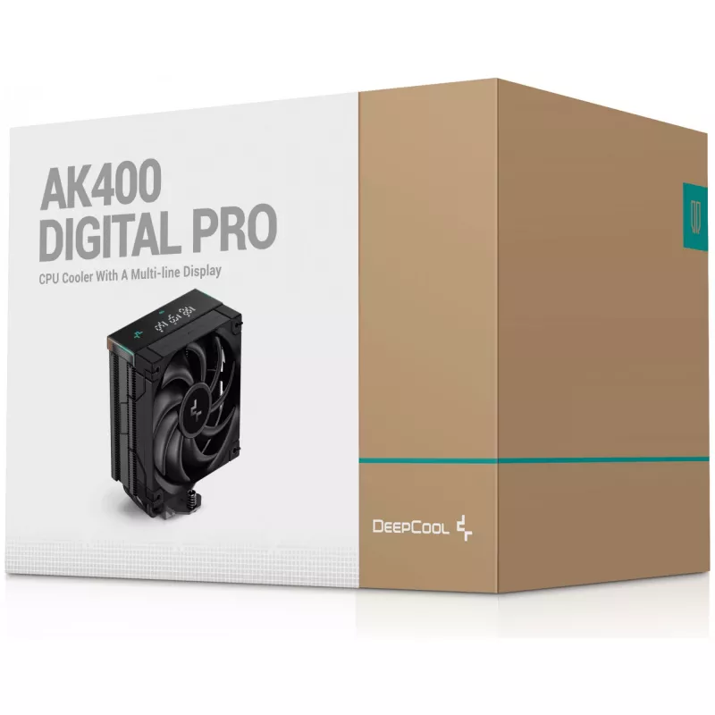Oro aušintuvas DeepCool AK400 Digital PRO — 120 mm ventiliatorius, PWM, 1850 RPM, FDB, suderinamas su LGA 1700/1200/115x/AM4/AM5, juodas