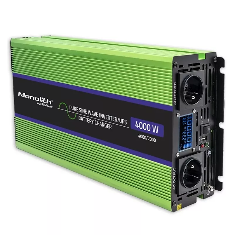Qoltec Monolith įtampos keitiklis | Akumuliatoriaus įkroviklis | UPS | 2000 W | 4000 W | 12 V į 230 V | Grynas sinusas | LCD juodai žalias