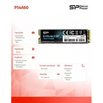 M.2 NVMe SSD Silicon Power P34A60 256GB – PCIe Gen3x4, 2200/1600 MB/s, M.2 2280