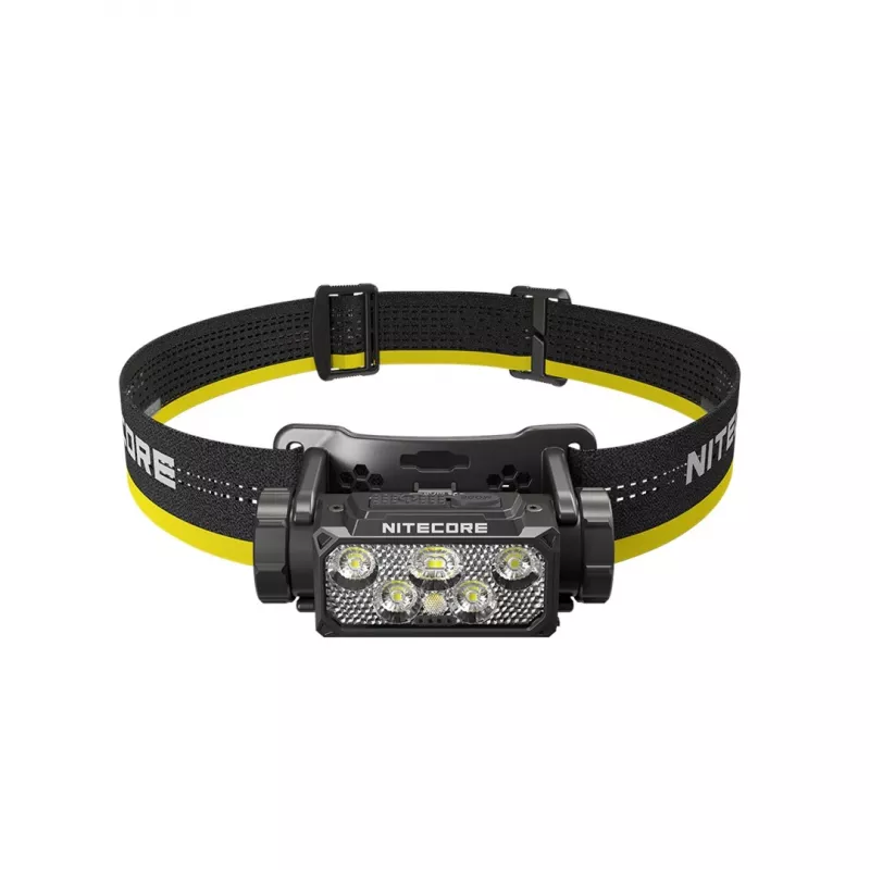 Nitecore HC60 UHE prikabinamas žibintuvėlis su galvos juosta, 4000 mAh baterija, 6 LED, vandeniui atsparus, smūgiams atsparus, juodai geltonas