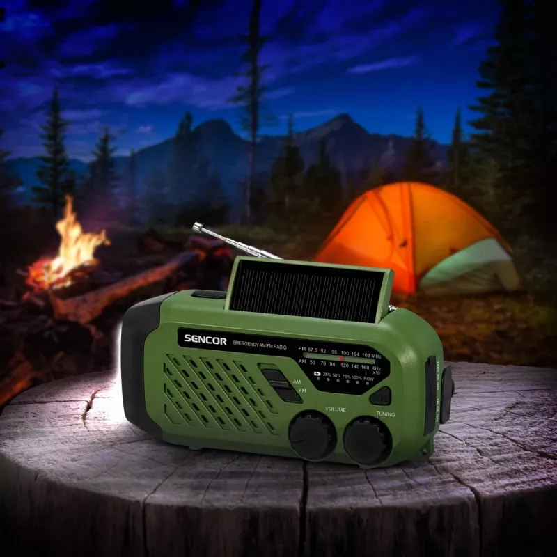 Nešiojamas FM/AM radijas SENCOR SRD1000SCLGR su Bluetooth, saulės/sukamos rankenos/USB-C įkrovimu, 2000 mAh baterija, IPX4, LED šviesomis
