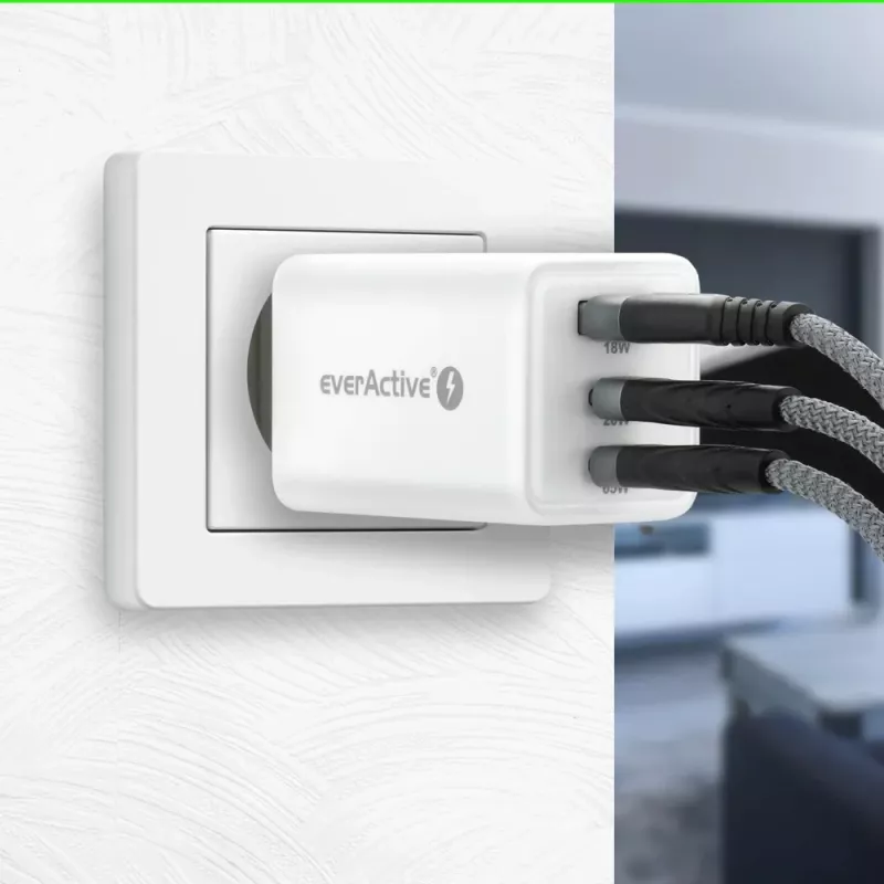 Įkroviklis everActive SQ-655Q 65W, 1×USB-A + 2×USB-C greitas įkrovimas