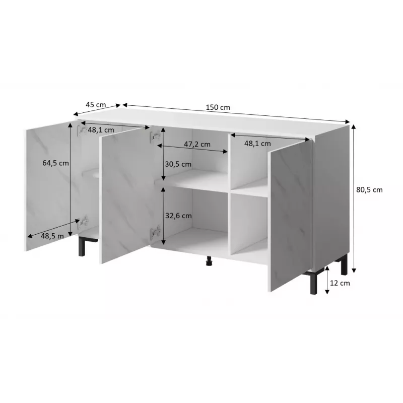 MARMO 3D komoda 150x45x80.5 cm baltas matinis/marble baltas