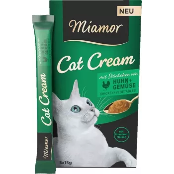 Šlapias skanėstas katėms Miamor Cat Cream Vištiena su daržovėmis, pastelės maišeliai 5×15 g, be glitimo, be cukraus
