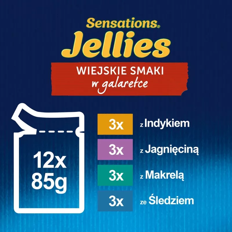 Šlapias kačių ėdalas Purina Nestlé Felix Sensations mišinys — 12×85 g pakeliai, kalakutiena, skumbrė, ėriena, silkė
