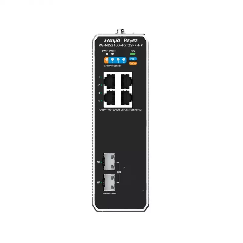 Valdomas L2 tinklo jungiklis RUIJIE RG-NIS2100-4GT2SFP-HP — 4× Gigabit RJ45, 2× SFP, PoE++ (180 W), montuojamas ant stovo, sienos ar DIN bėgio