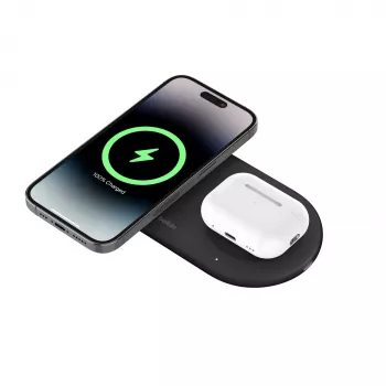 Belkin WIZ021VFBK – 2-in-1 belaidžio įkrovimo padėklas su Qi2 technologija 15 W, juodos spalvos