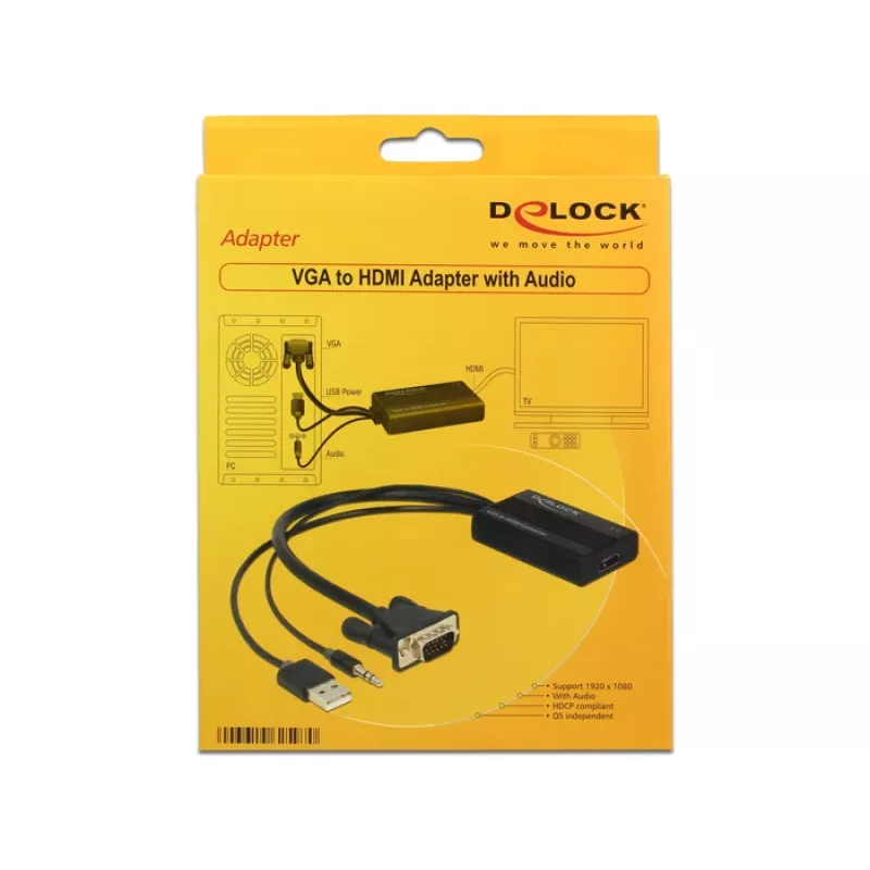 Vaizdo kabelio adapteris DeLOCK 62597 0,25 m HDMI Type A – VGA D-Sub + 3,5 mm garsas + USB Type-A, juodas