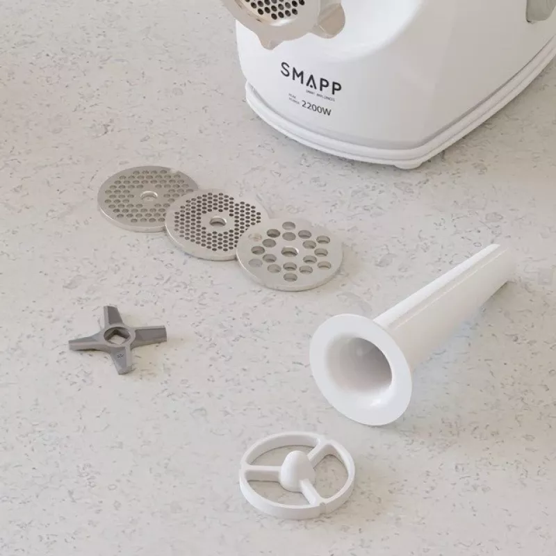 Elektrinė mėsmalė SMAPP 490.8 — 2200 W, 1 greitis, 3 sieteliai (Ø 2,7–8 mm), balta