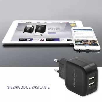 Vidinis AC įkroviklis QOLTEC 50186 išmaniajam telefonui ir planšetei, 5 V 3,4 A, 17 W, 2× USB, juodas