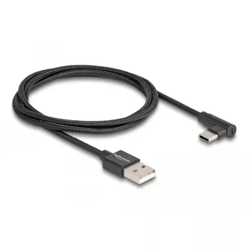 USB 2.0 laidas, USB-A kištukas > USB-C kištukas (juodas, 1 metras, pintas, 90° kampu)