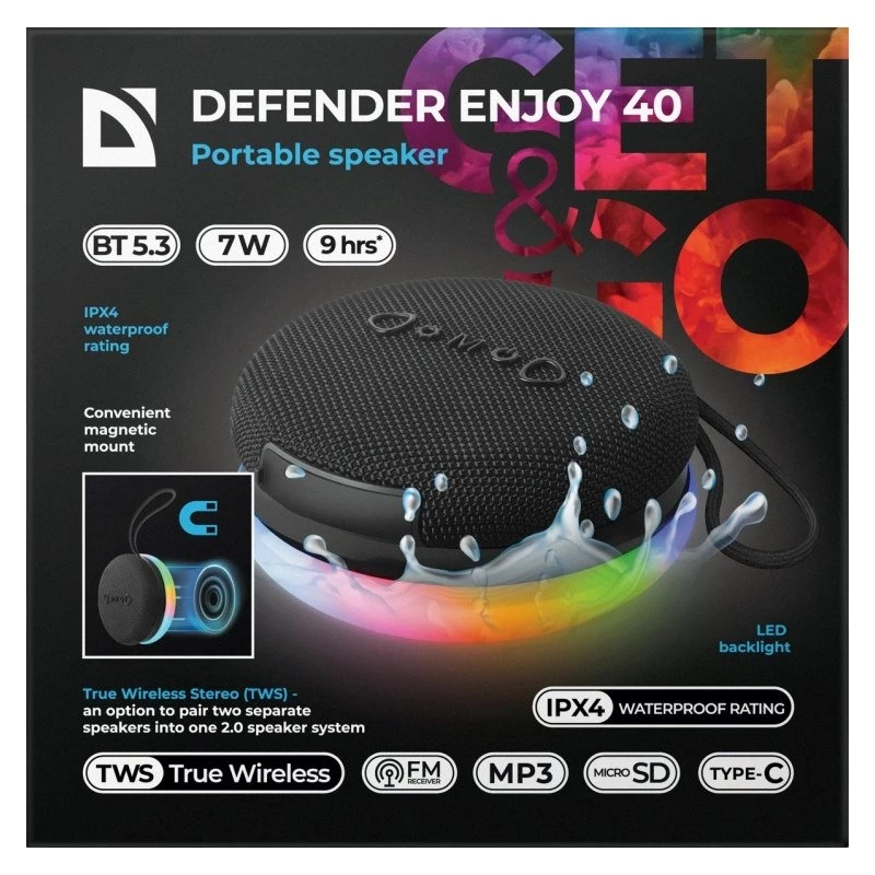 Nešiojamas Bluetooth garsiakalbis DEFENDER ENJOY 40 — 7 W RMS, Bluetooth 5.3, LED apšvietimas, LiPo baterija, 9 h, juodas