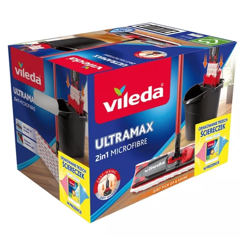Grindų šluotražė VILEDA Ultramax BOX 177453 su keičiama mikropluošto galvute, gręžimo kibiru, 3 skalbiamomis servetėlėmis, juoda
