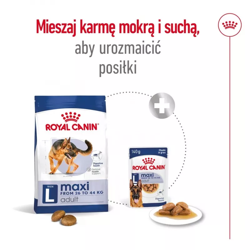 Sausas šunų ėdalas Royal Canin Maxi Adult 15 kg – vištiena, 26% baltymų, 17% riebalų, virškinimo palaikymas