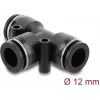 Pneumatinis T formos jungtis DELOCK 12 mm, vidinis sriegis, metalo/plastiko korpusas, 58 mm, dvi tvirtinimo angos