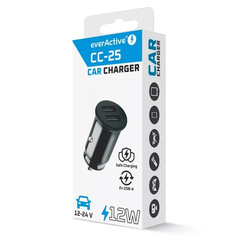 Automobilinis kroviklis everActive CC-25 — 2x USB prievadai, 12W bendra galia, 12V–24V