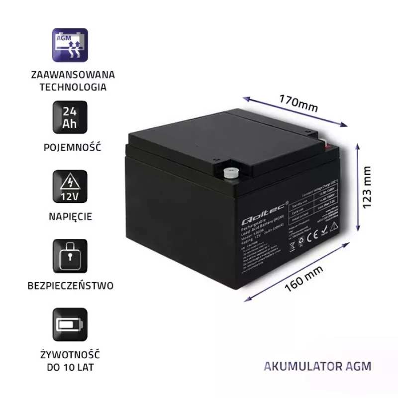 Qoltec 53036 AGM akumuliatorius | 12V | 24Ah | max 360A