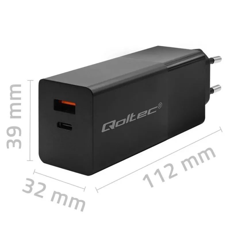 Qoltec 52382 GaN POWER PRO įkroviklis | 1xUSB Type-C | 1xUSB A | 100W | 5-20V | 1.5-5A | PD | Juodas
