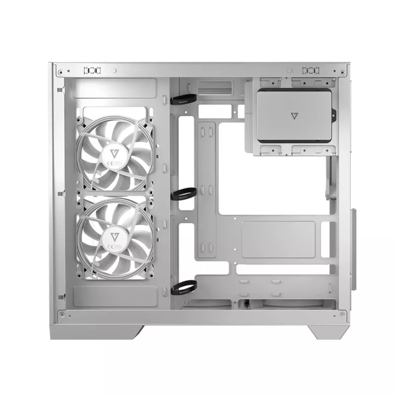 PC korpusas MODECOM Volcano Panorama Midi Tower baltas – micro ATX, grūdintas stiklas, ARGB, USB-C, palaiko GPU iki 400 mm
