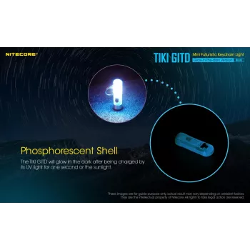 Raktų pakabuko žibintuvėlis Nitecore TIKI GITD BLUE pilkas, įkraunamas per USB, 1 lm, 55 mm, 12 g, IP66, atsparus smūgiams