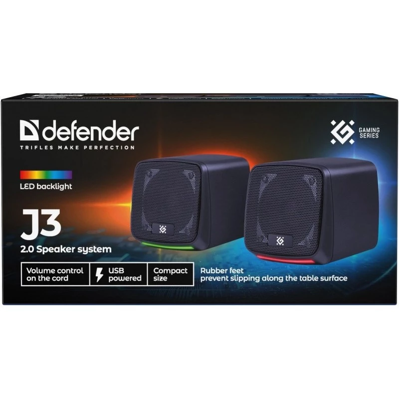 Garsiakalbiai PC DEFENDER J3 2.0 6W LED USB, 2×3W RMS, 90–20000 Hz, 3.5 mm, juodi