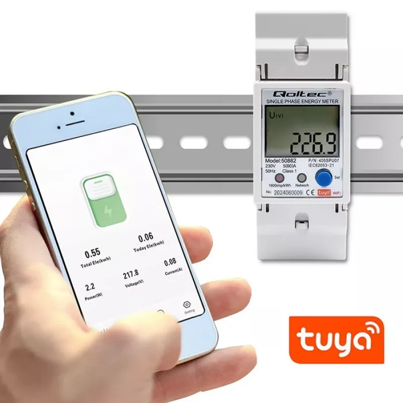 Qoltec 50882 Vienfazis elektroninis elektros energijos skaitiklis DIN bėgiui | Wi-Fi | TUYA | 230V | LCD