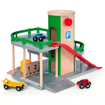 BRIO automobilių ir traukinių parkavimo bokštas su čiuožykla ir degaline