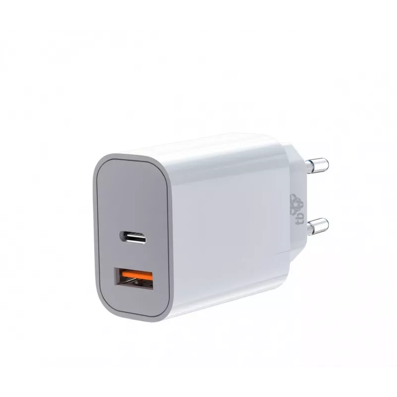 Universalus įkroviklis 2x3A USB C + USB A Power Delivery baltas