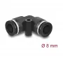 Pneumatinė jungtis DELOCK 8 mm 90° kampu su tvirtinimo anga, juoda, metalas/plastikas, vidinis sriegis, 30 mm