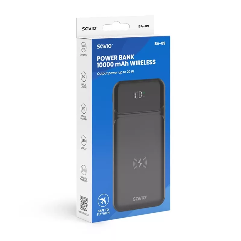 Savio BA-09 nešiojamas maitinimo blokas LiPo 10000 mAh belaidžiu įkrovimu juoda