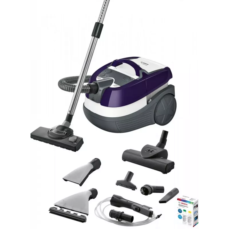 Šlapio ir sauso valymo dulkių siurblys Bosch BWD 41740 AquaWash&Clean — 1700 W, 5 L talpa, EPA filtras, teleskopinis vamzdis, 9 m spindulys, violetinis