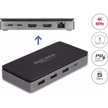 DeLOCK USB Type-C Dockinė stotelė 4K Dual HDMI MST USB Gigabit LAN PD 85W