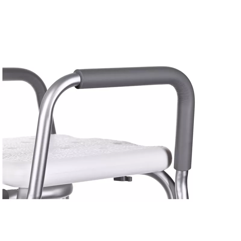 Priekabinis dušo kėdė ActionMed KP300AM su atlošu ir porankiais, polipropilenas, reguliuojamas aukštis 43–56 cm, sėdynė 40×33 cm, maks. svoris 110 kg