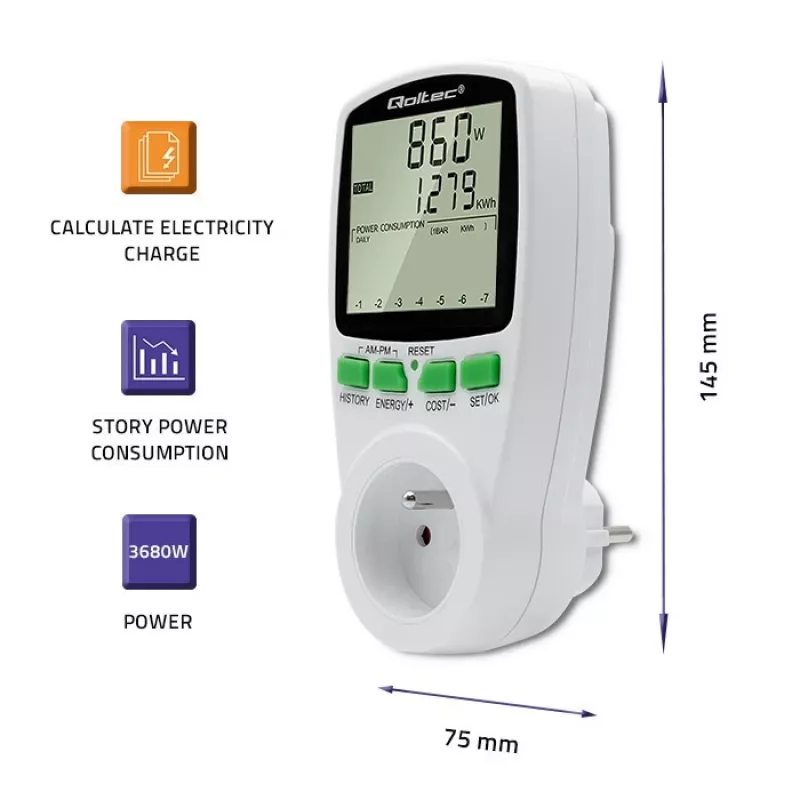 Energijos skaitiklis QOLTEC PM0627 3680W su istorija