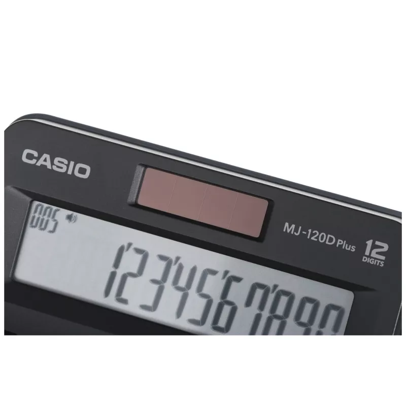 Stalinis skaičiuotuvas CASIO MJ-120D PLUS – pagrindinis, 12 skaitmenų, baterija/saulė, 35 klavišai, mokesčių ir kvadratinės šaknies funkcijos, juodas