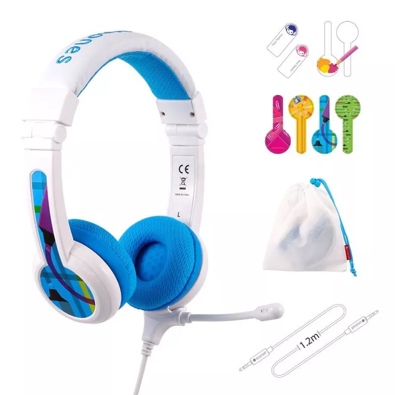 Belaidės ausinės BuddyPhones School+ – lankelis, apgaubiančios, 20–20000 Hz, 1,4 m laidas, mėlyna/balta
