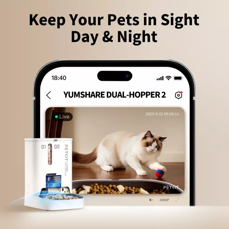 Automatinis šėrimo aparatas PETKIT YumShare Dual-hopper 2 su kamera, 5 L talpa, ABS ir 304 nerūdijančio plieno, baltas