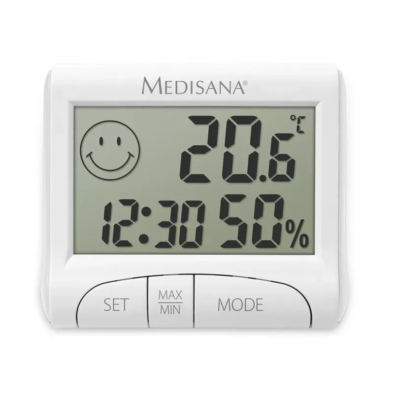 Vidinis elektroninis higrometras Medisana HG 100 – skaitmeninis termometras, drėgmė 20–90 %, temperatūra -10–50 °C, stalinis ekranas, baterija AAA