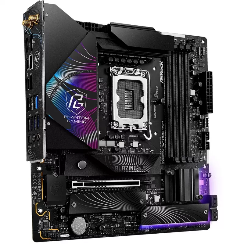 ASRock Phantom Gaming Z890M Riptide WiFi plokštė, Intel Z890, LGA1851, micro ATX, DDR5, iki 256 GB, Wi-Fi 6E, Bluetooth, 5GbE LAN, USB4