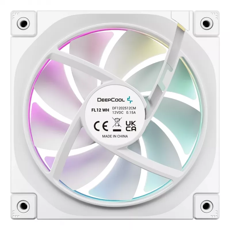 Korpuso ventiliatorius DeepCool FL12 WH 3 vnt. komplektas, 120×120×25 mm, 2150 RPM, 55 CFM, skysčių dinaminis guolis, PWM, daugiaspalvis LED, 4 kontaktų