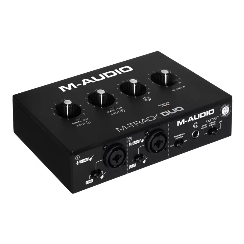 Garso sąsaja M-Audio M-Track Duo – USB 2 įėjimai / 2 išėjimai, 16 bitų / 48 kHz, 1x XLR/TS kombinuotas, 1x instrumentinis įėjimas, fantominis maitinimas 48V