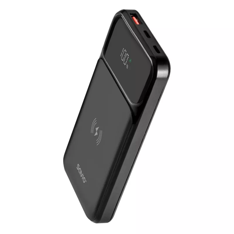 Savio BA-09 nešiojamas maitinimo blokas LiPo 10000 mAh belaidžiu įkrovimu juoda