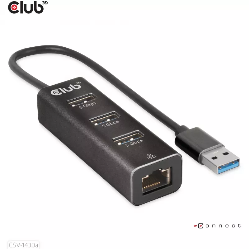 USB 3.2 Gen1 3 prievadų USB-A šakotuvas su Gigabit Ethernet – CLUB3D CSV-1430a